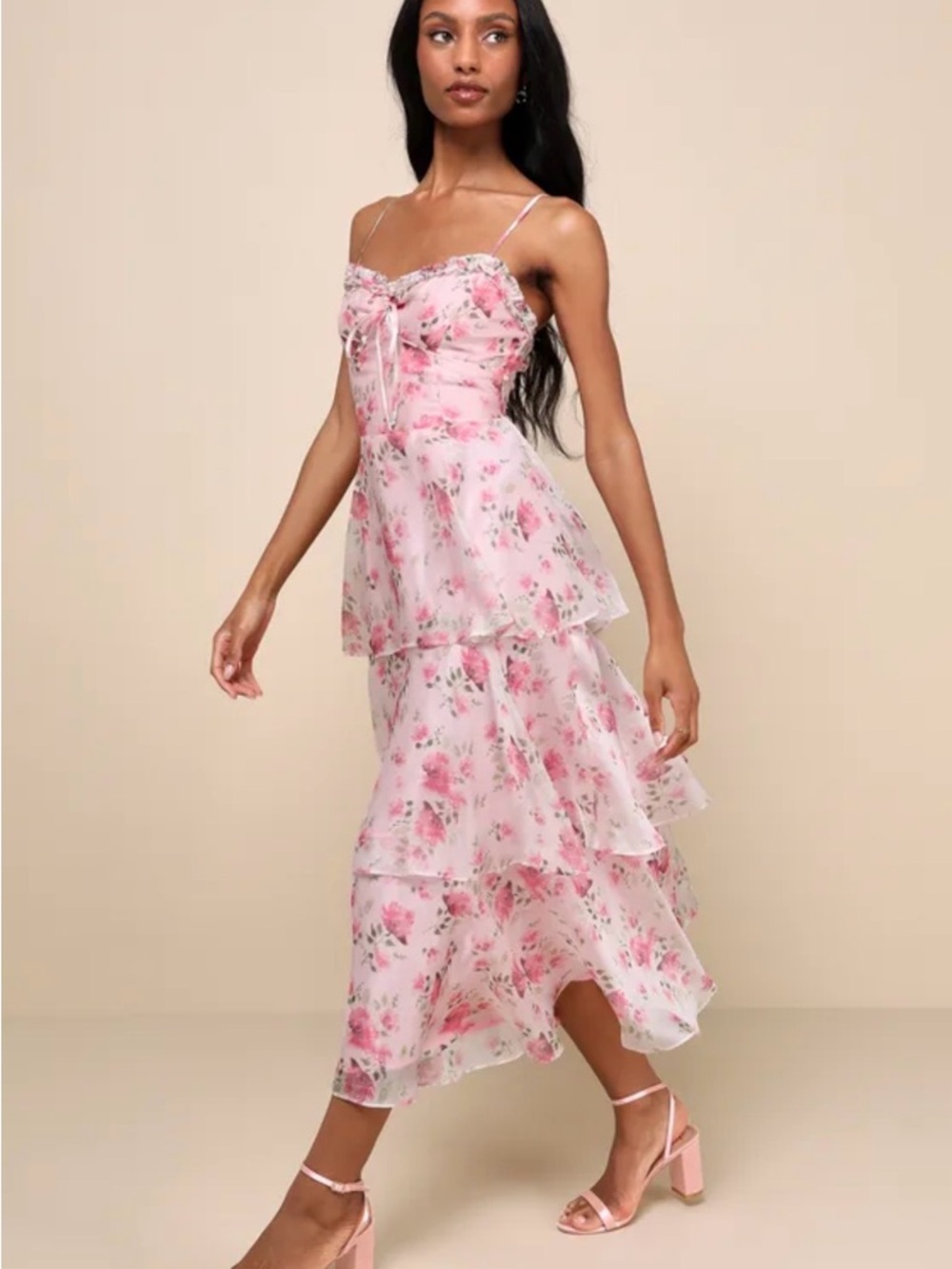 Lulu's Pink Floral Tiered Midi Dress with Spaghetti Straps - Picture 2 of 9